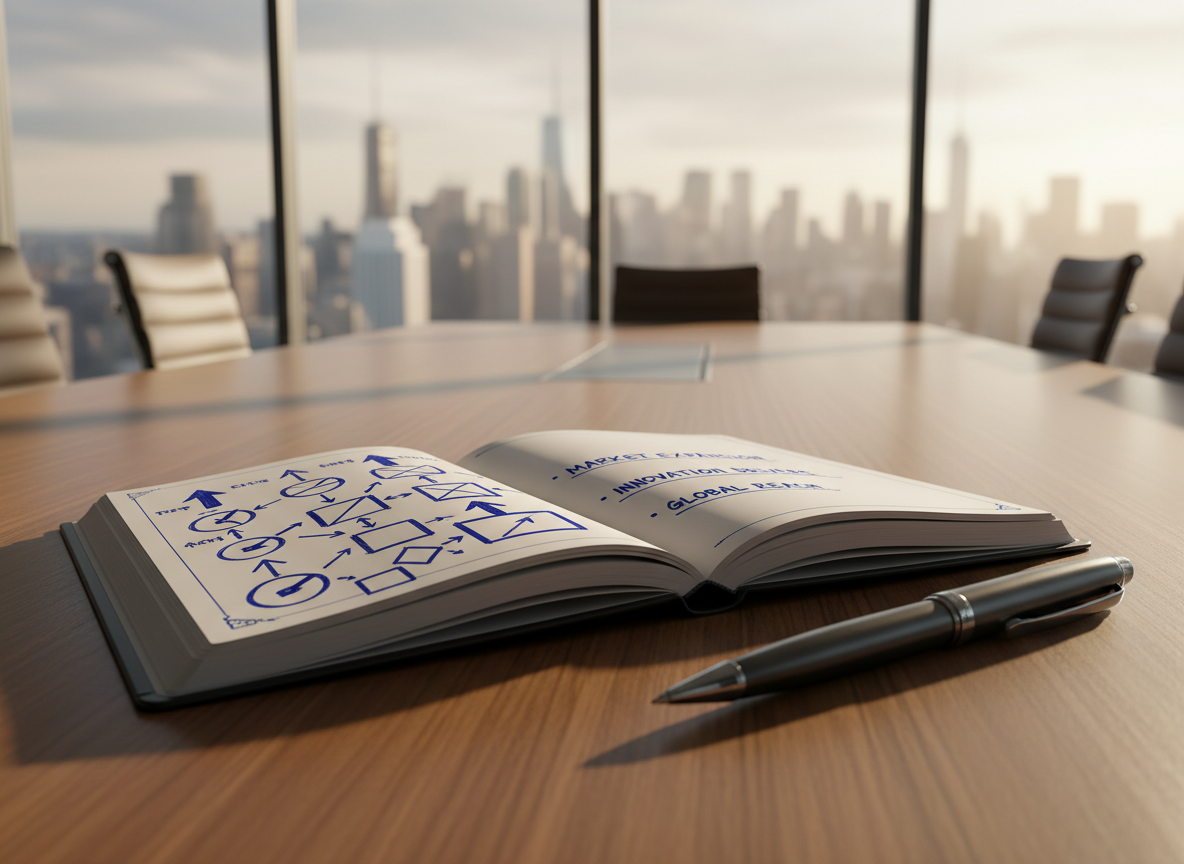 A sleek, matte-black executive notebook lying open on a warm wood conference table, its pages filled with neatly sketched strategy diagrams and bold arrows pointing upward. Beside it rests a heavy, brushed-metal pen angled precisely toward the center of the frame. Through a floor-to-ceiling window in the background, a blurred city skyline stretches into soft late-afternoon light, casting long, confident shadows across the table. Photographic realism, shot at eye level with a shallow depth of field so the writing tools and paper are sharply in focus while the modern boardroom chairs and glass walls gently blur, creating an atmosphere of composed authority and elevated status.